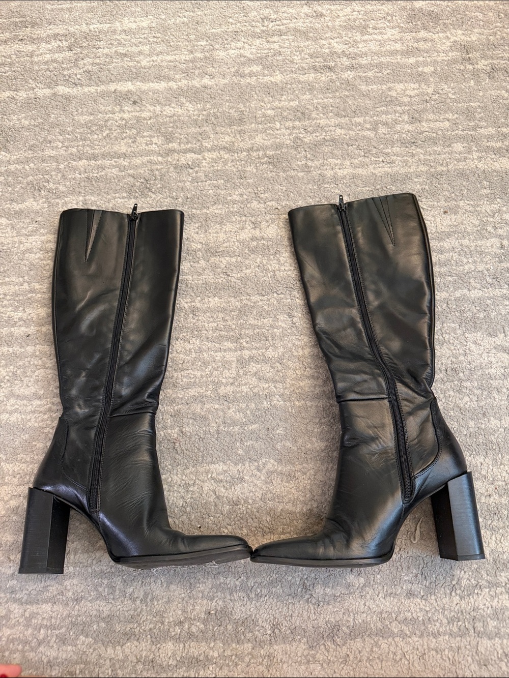 Mango Black Leather Knee-High Block Heel Boots